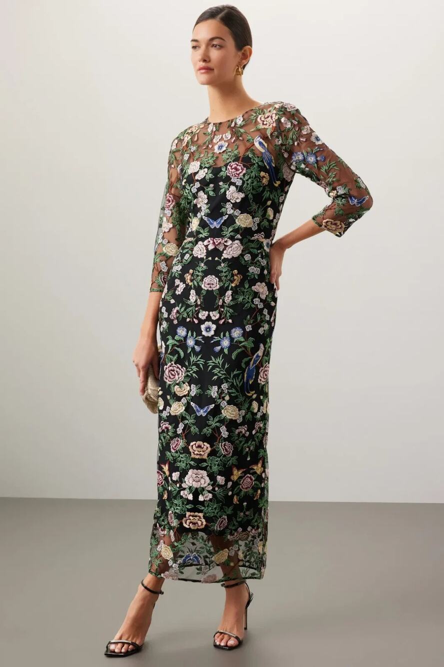 Marchesa Notte Botanical Embroidered Tulle Midi Cocktail Dress Black Size 6